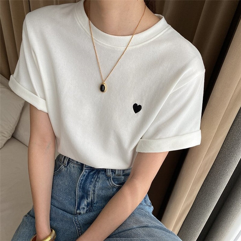 Embroidered Love Heart Casual Short Sleeve T-Shirt