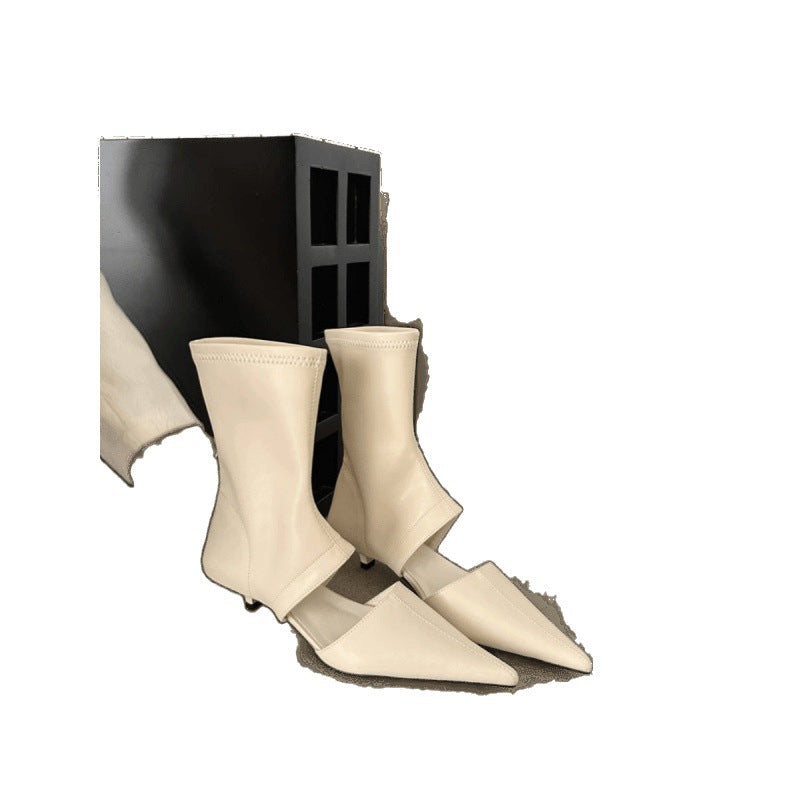 Women's French-Style Pointed-Toe Stiletto Boots - Mid-Calf Hollow-Out Design Stretchy PU Leather