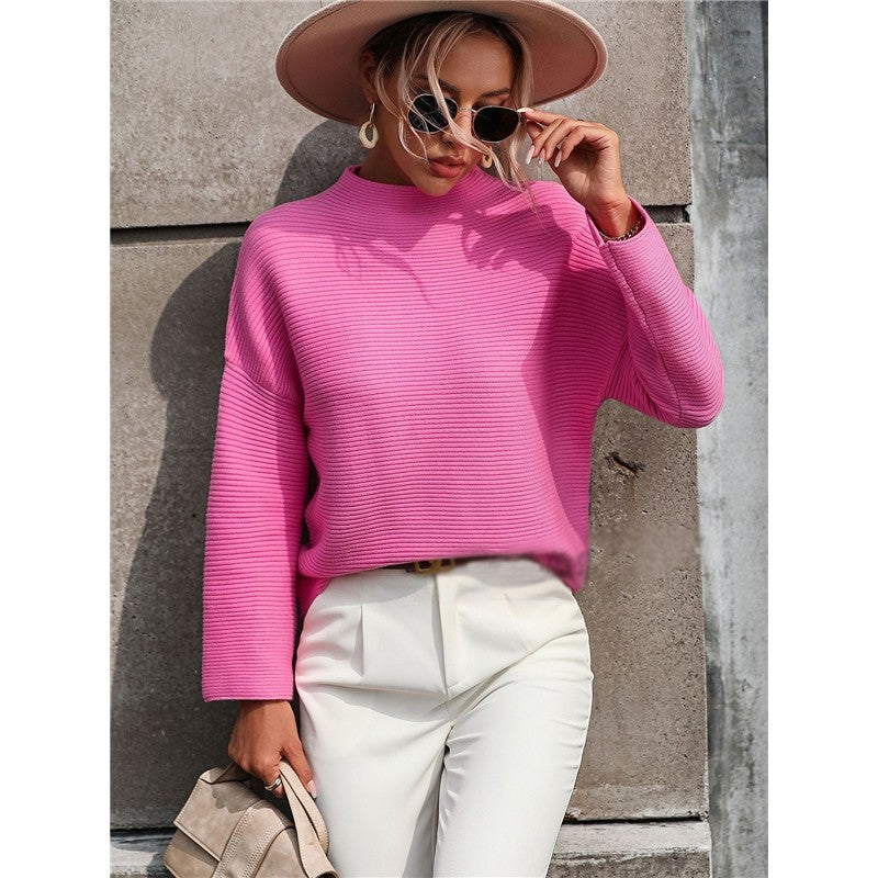 Solid Color Long Sleeve Crewneck Casual Loose Pullover Knitted Sweater