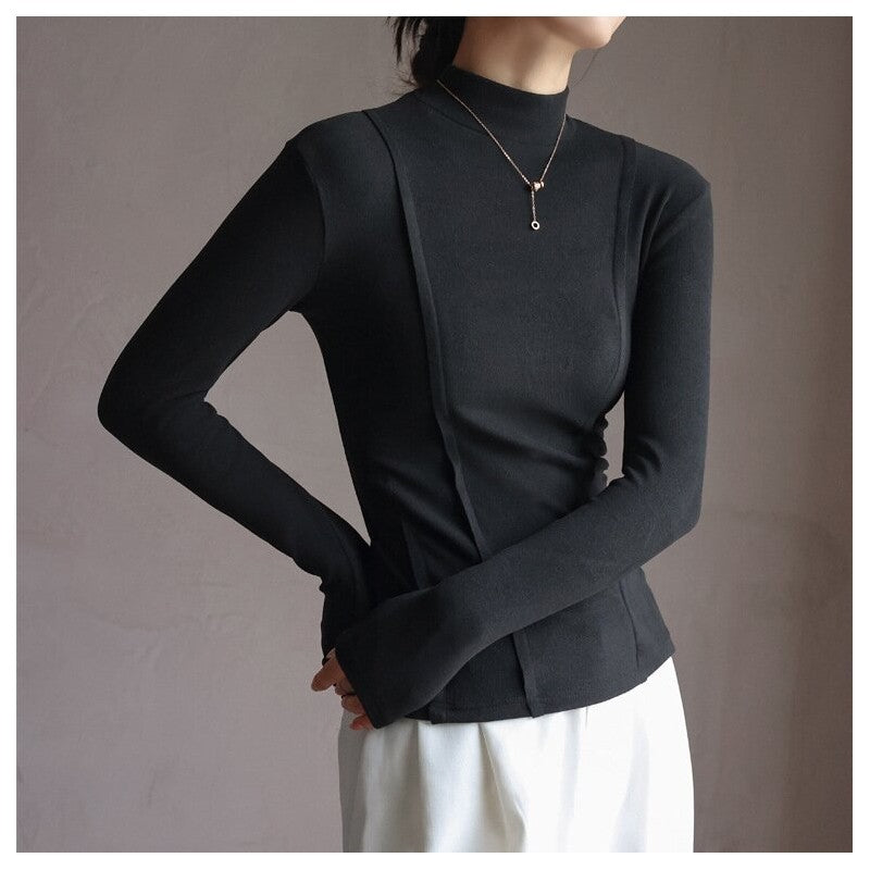 Solid Color Half High Collar Velvet Long Sleeve Top