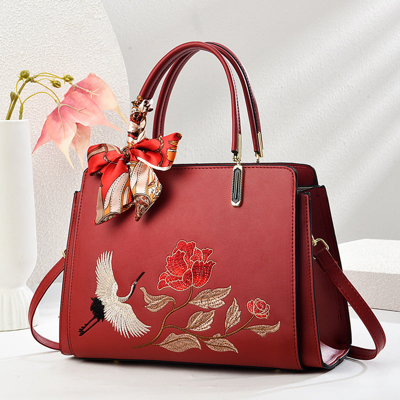 Chinese Embroidered Crane Crossbody Tote Bag for Women - Fashion Handbag with Multiple Compartments
