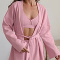 Waffle Pattern Bralette, Waist-Tied Cardigan, and Shorts Set - Cozy Loungewear
