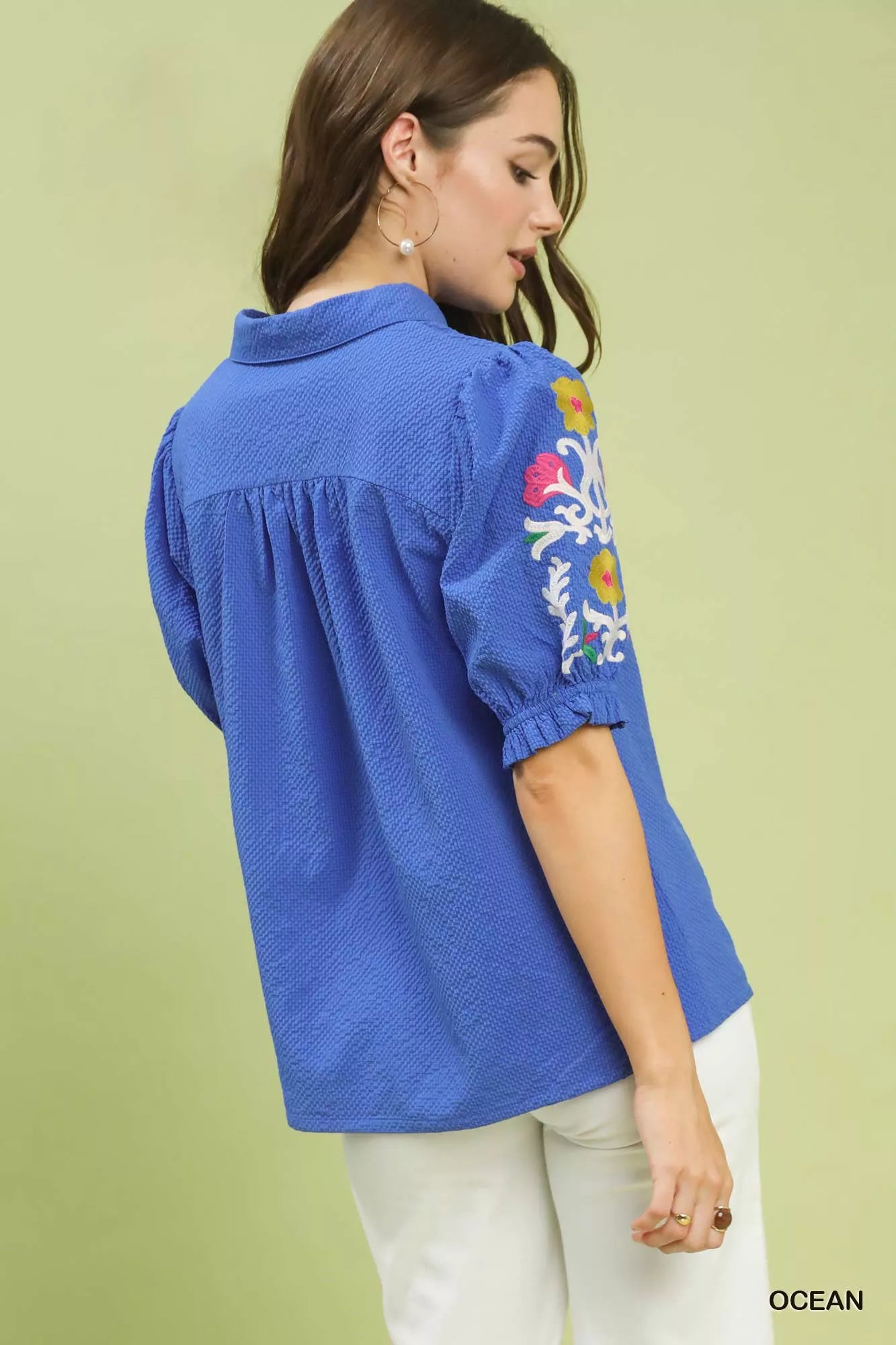 Seersucker Embroidered Sleeve Blouse