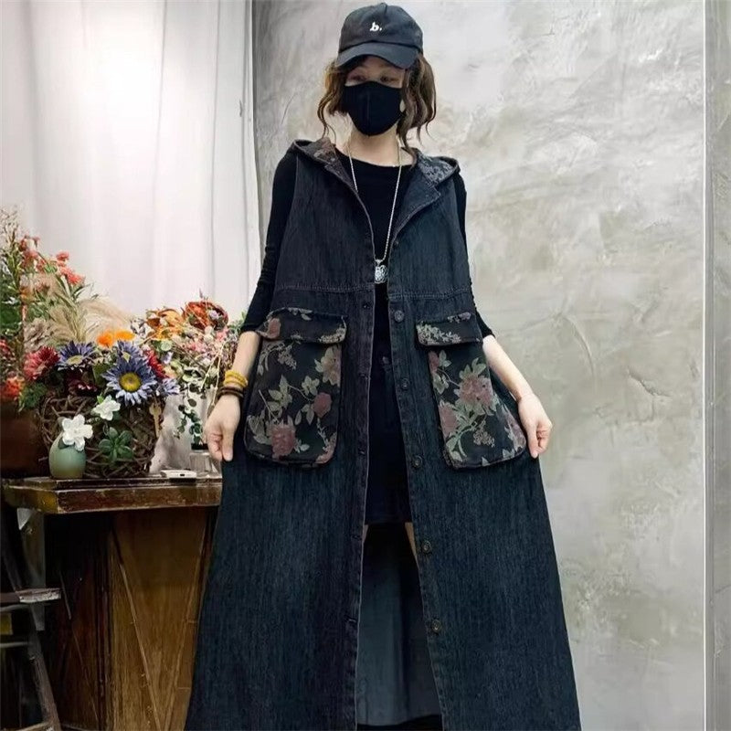 Sleeveless Denim Vest With Hood And Floral Print