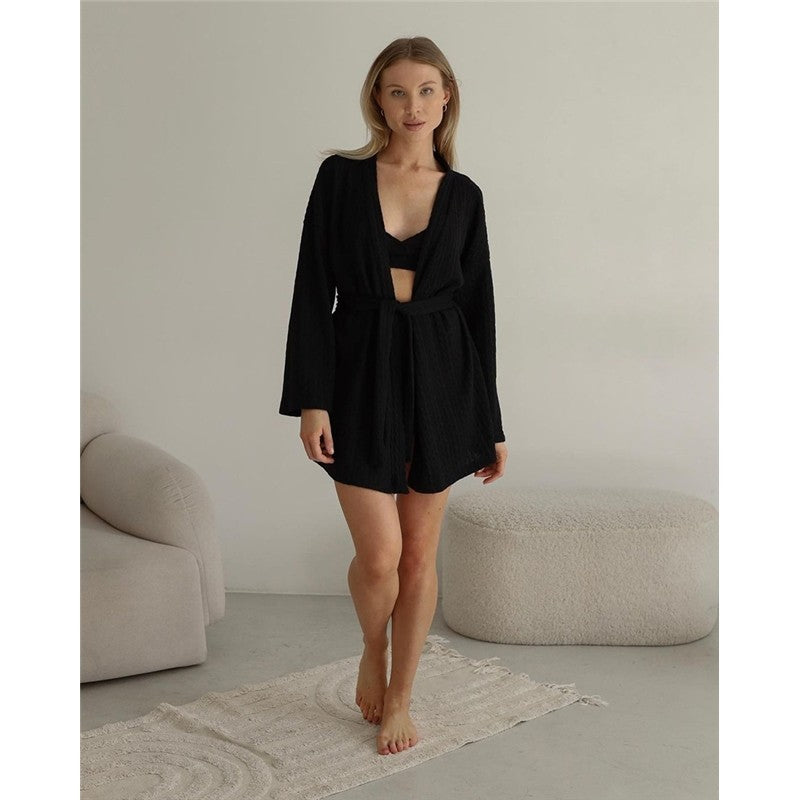 Knitted Bralette, Waist-Tied Cardigan, and Shorts Set - Solid Color Loungewear
