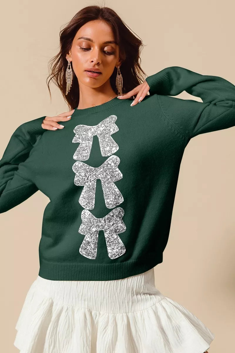 Sequins Bow Ribbon Embellished Christmas Sweater