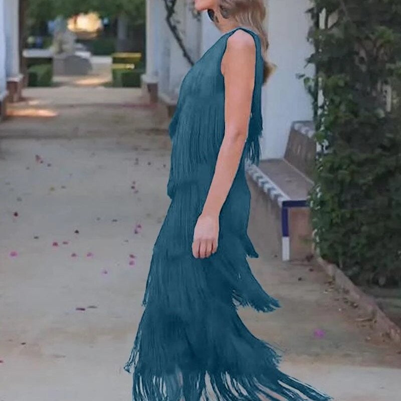 Fringe-Trimmed Asymmetric One-Shoulder Dress