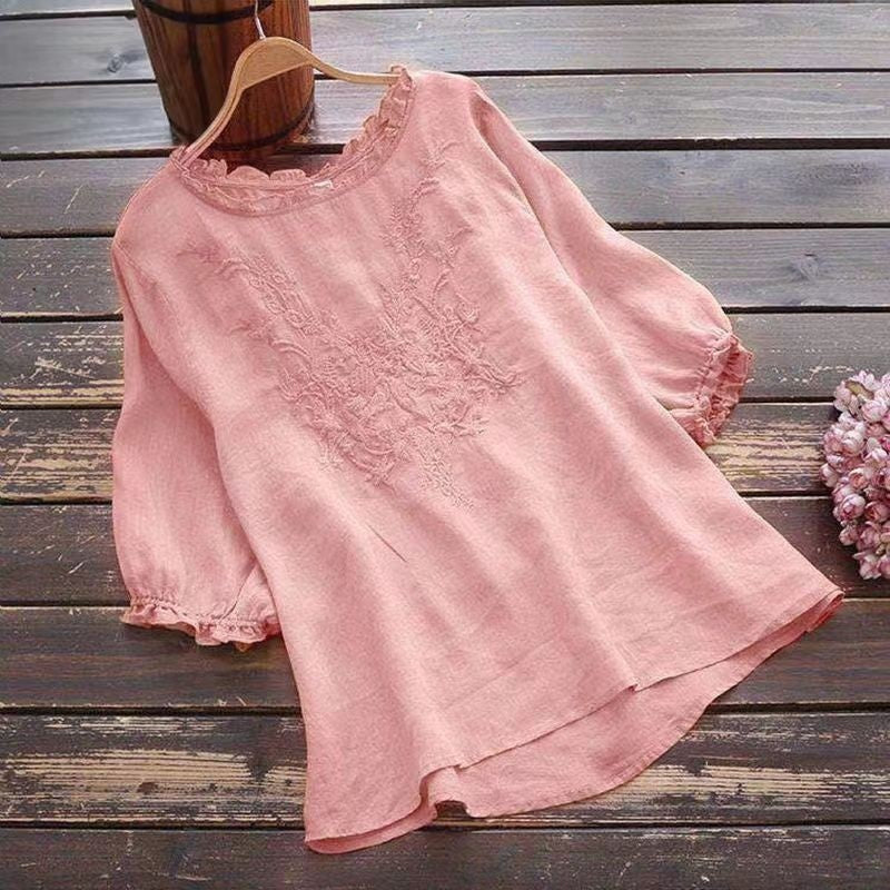 Linen and Cotton Embroidered Short-Sleeve Blouse