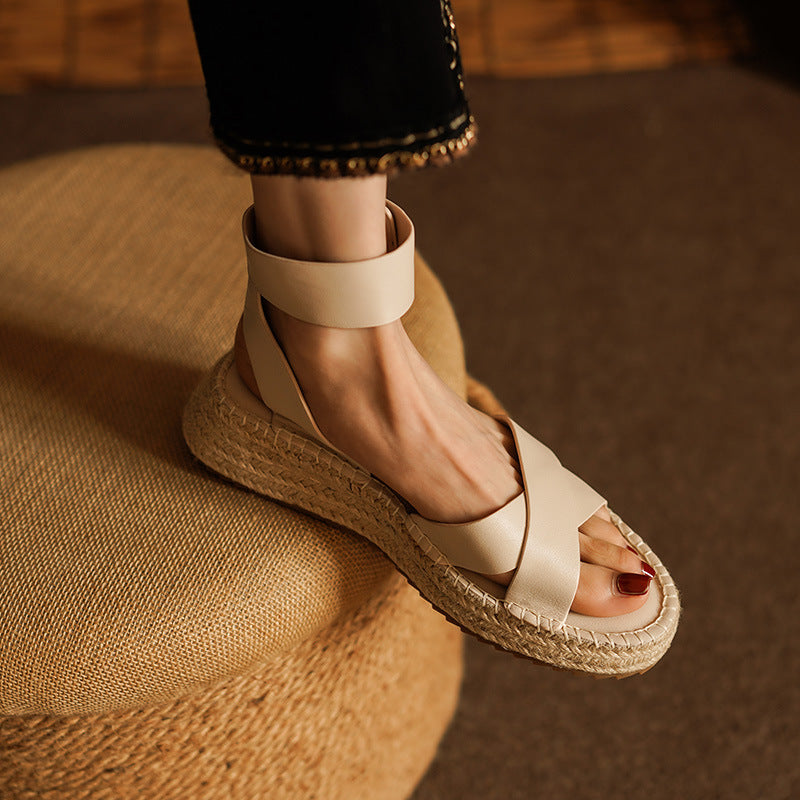 Women's Braided Leather Vintage Wedge Sandals | Round Toe Velcro Strap