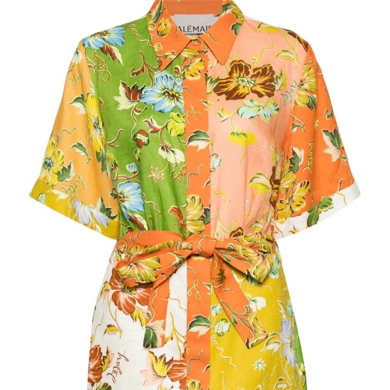 Floral Print Short Sleeve Dress with Ribbon Accent