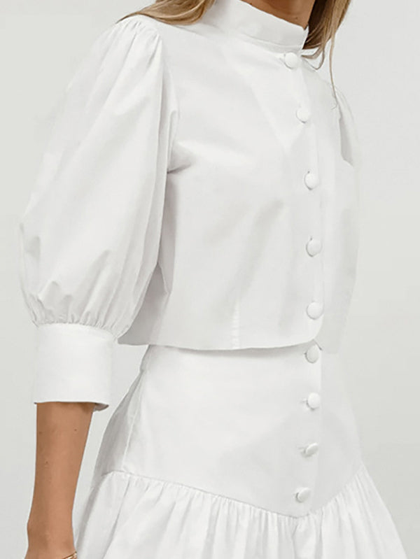 Half Sleeves Loose Buttoned Pleated Solid Color Split-Joint Stand Collar Blouses Top +  Skirts Bottom Two Pieces Set