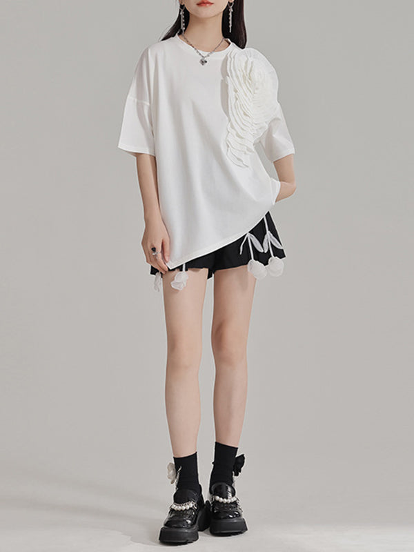 Loose Short Sleeves Asymmetric Solid Color Three-Dimensional Flower Round-Neck T-Shirts Tops