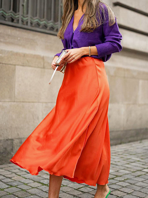 A-Line High Waisted Solid Color Zipper Skirts Bottoms
