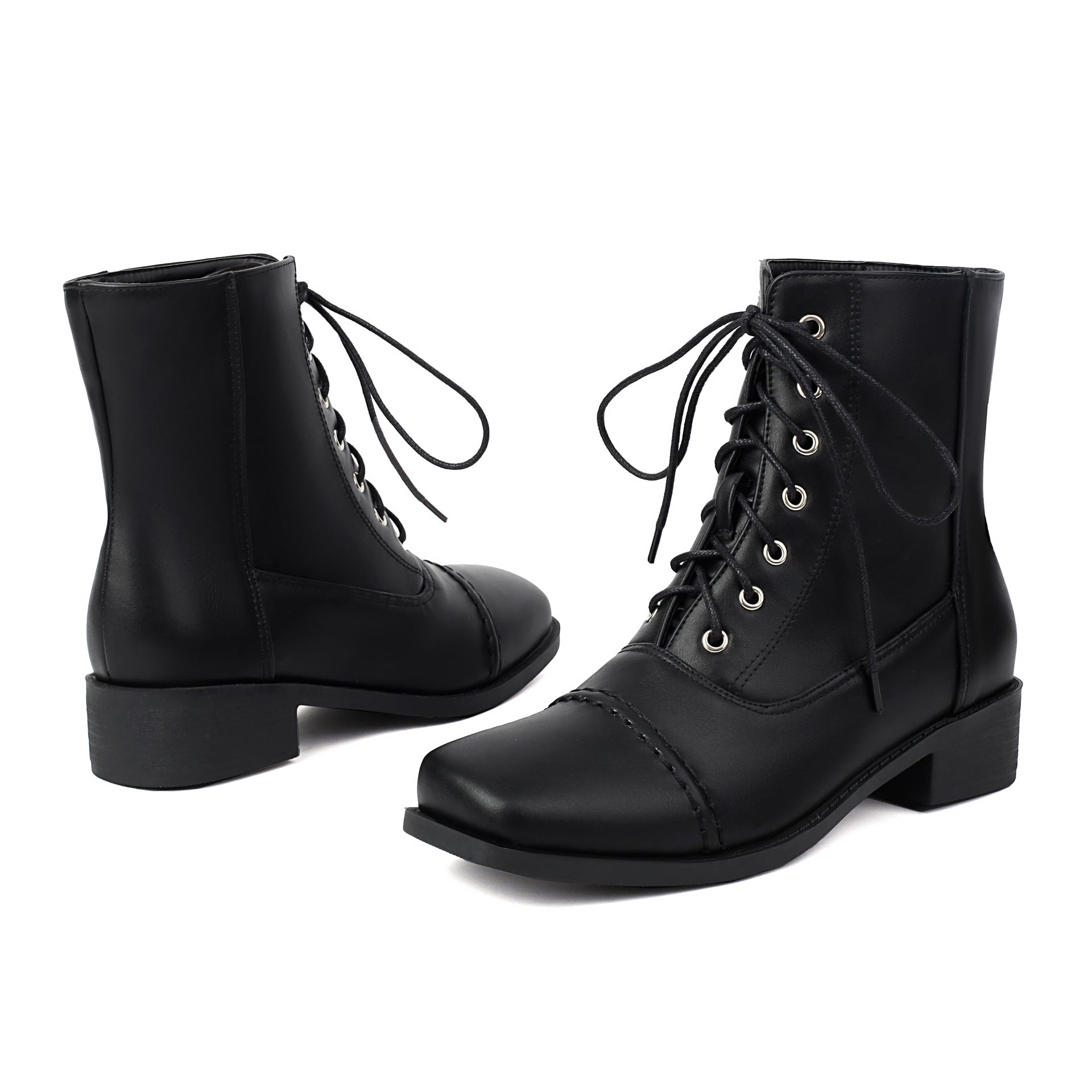 Women's Lace-Up Square-Toe Motorcycle Boots | Low Heel Outdoor Ankle Boots