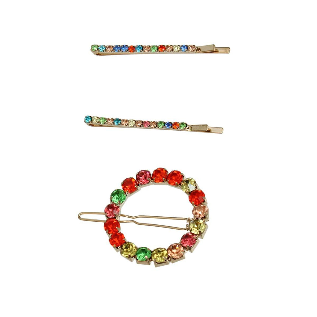 Hair Pin Set 3 Pcs Gold Circle Multi Rhinestone Stylish Accessories