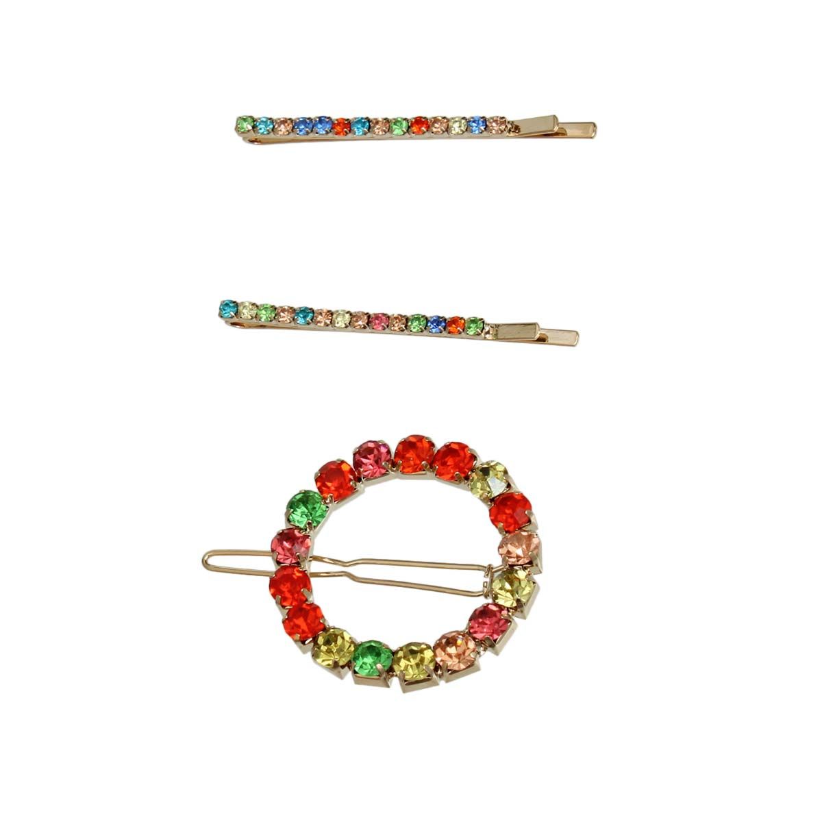 Hair Pin Set 3 Pcs Gold Circle Multi Rhinestone Stylish Accessories