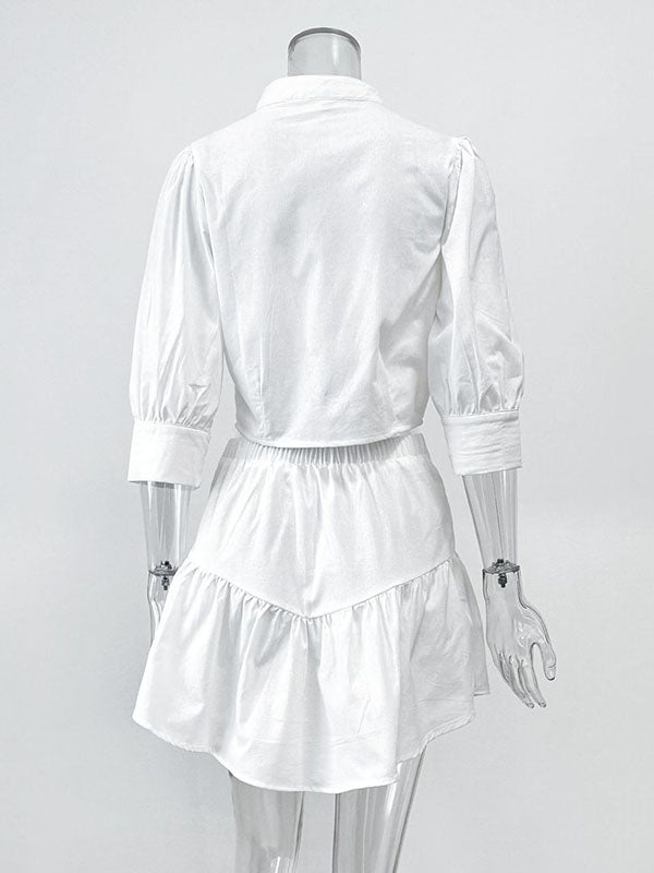 Half Sleeves Loose Buttoned Pleated Solid Color Split-Joint Stand Collar Blouses Top +  Skirts Bottom Two Pieces Set