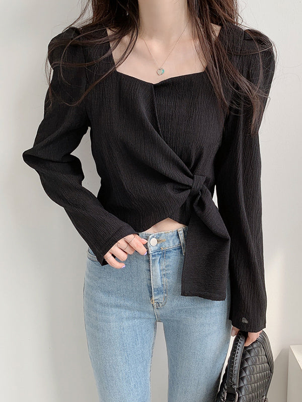 Original Solid Color Square-Neck Long Sleeves Tied Blouse