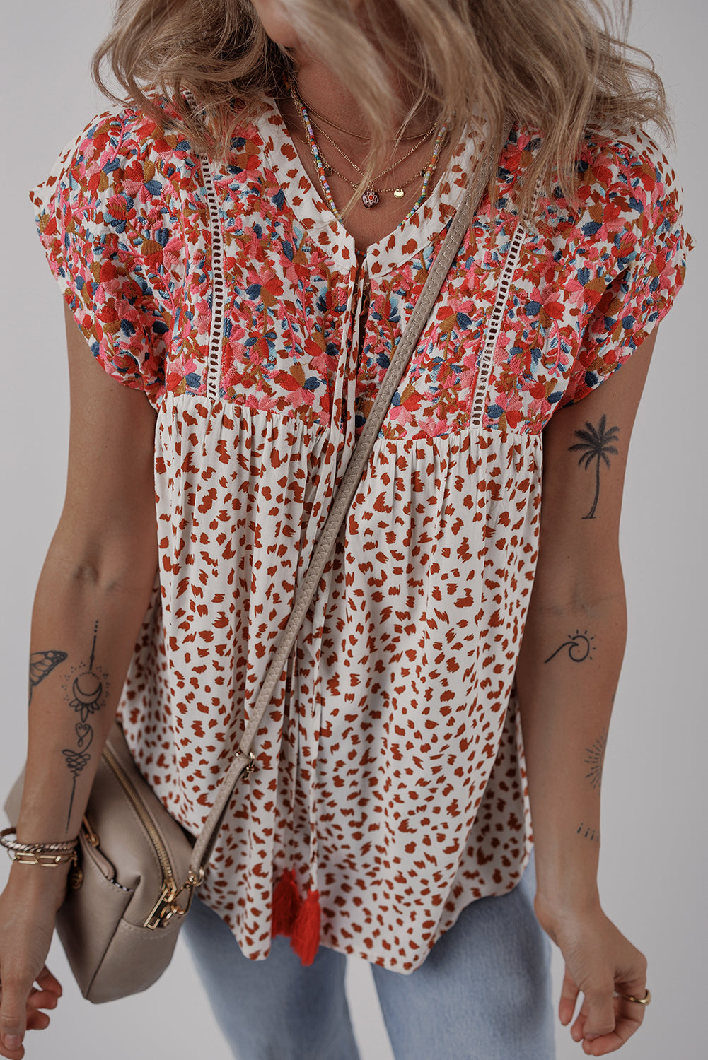 Red Printed Embroidery Detail Tie Split Neck Blouse