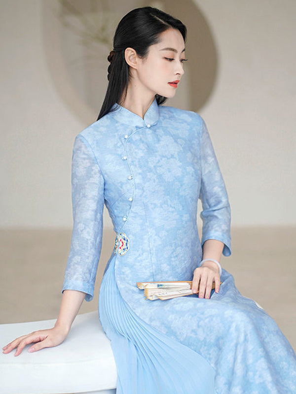 Fashion Vintage Light Blue Jacquard Long Cheongsams