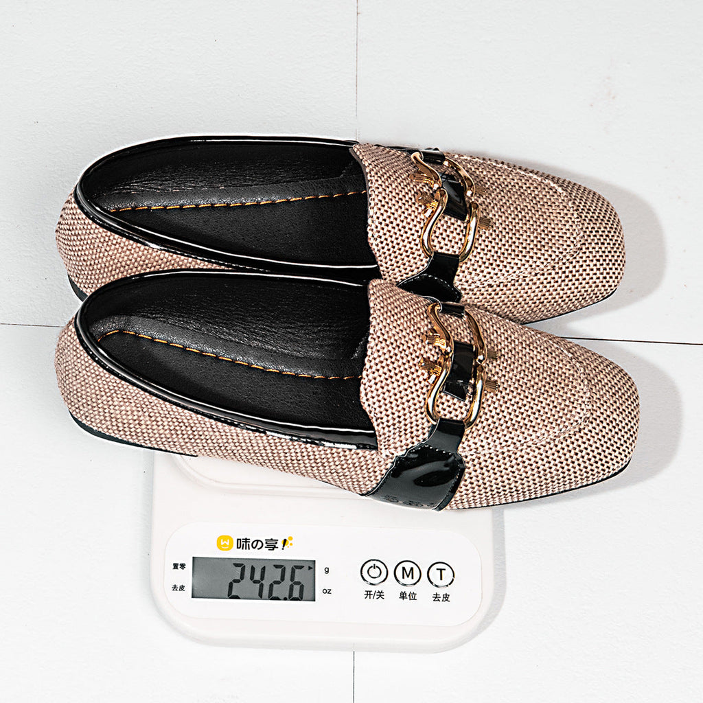 Square Toe Metal Buckle Slip-On Flat Shoes