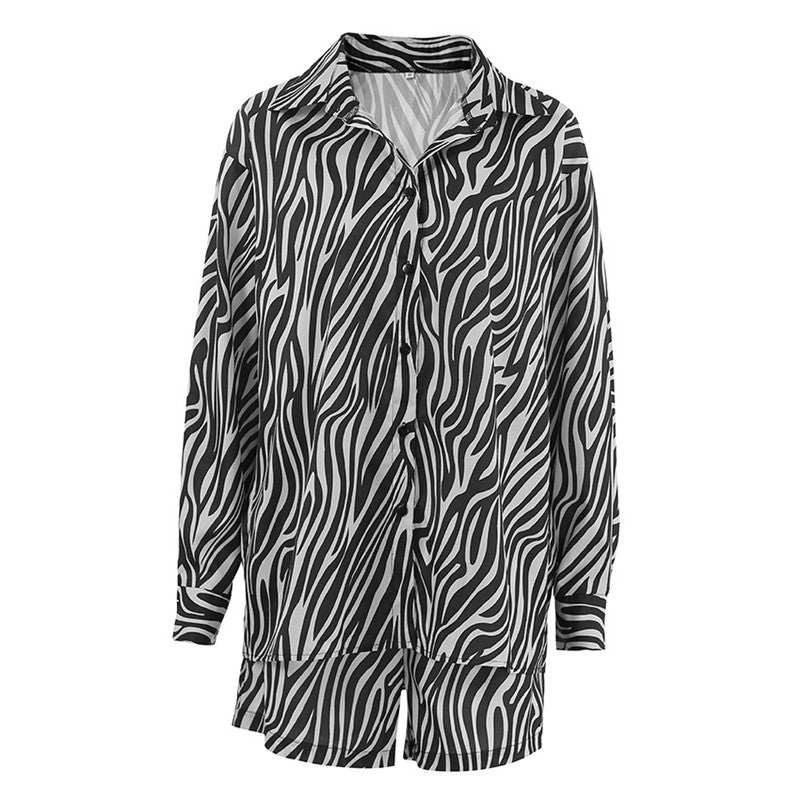 Striped Print Cardigan and Shirt Pajama Set for Women