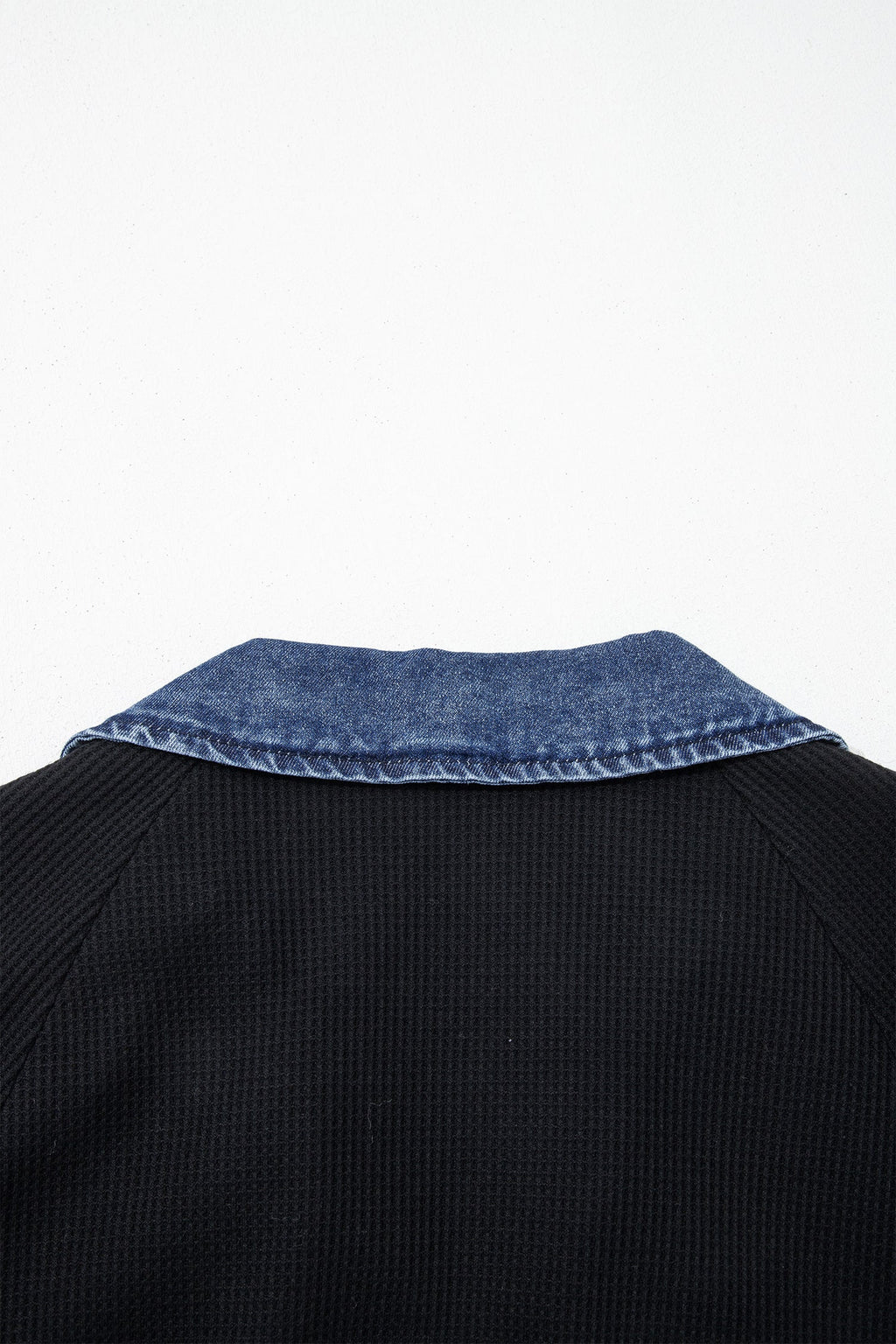 Black Waffle Knit Denim Contrast Trim Patchwork Button Collar Top