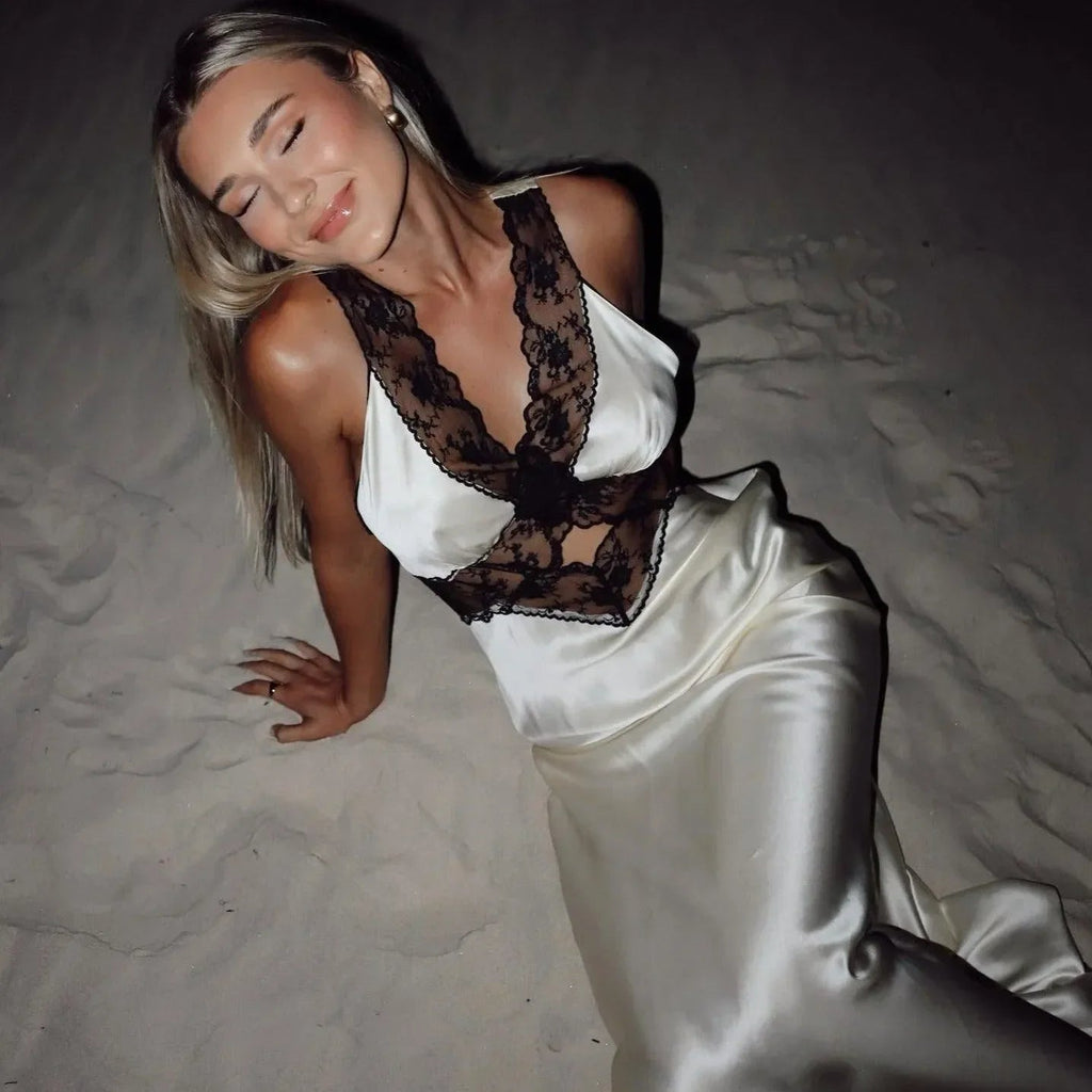Be Mine Satin Lace White Maxi Dress