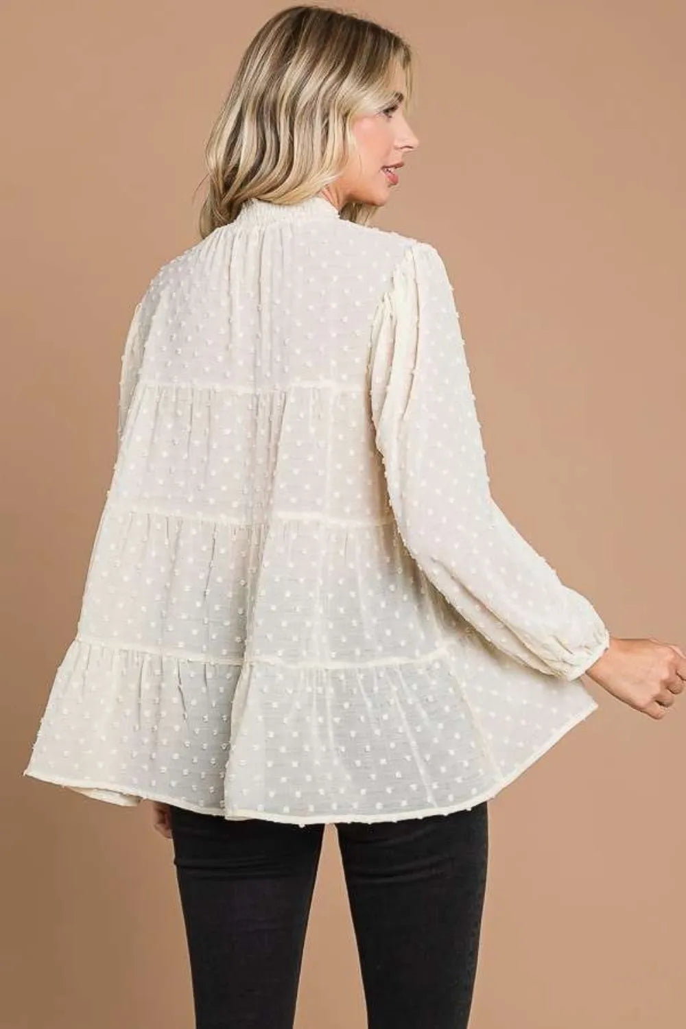 Culture Code Full Size Swiss Dot Smocked Mock Neck Blouse Plus Size