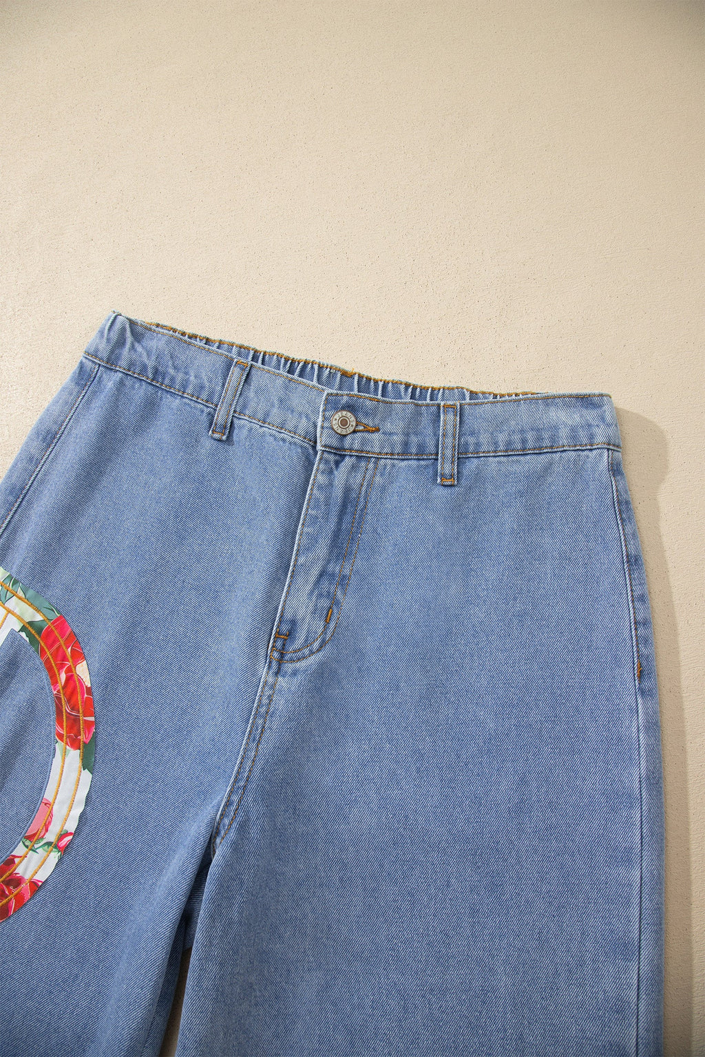 Myosotis Floral Peace Sign Embroidered Patch Wide Leg Jeans