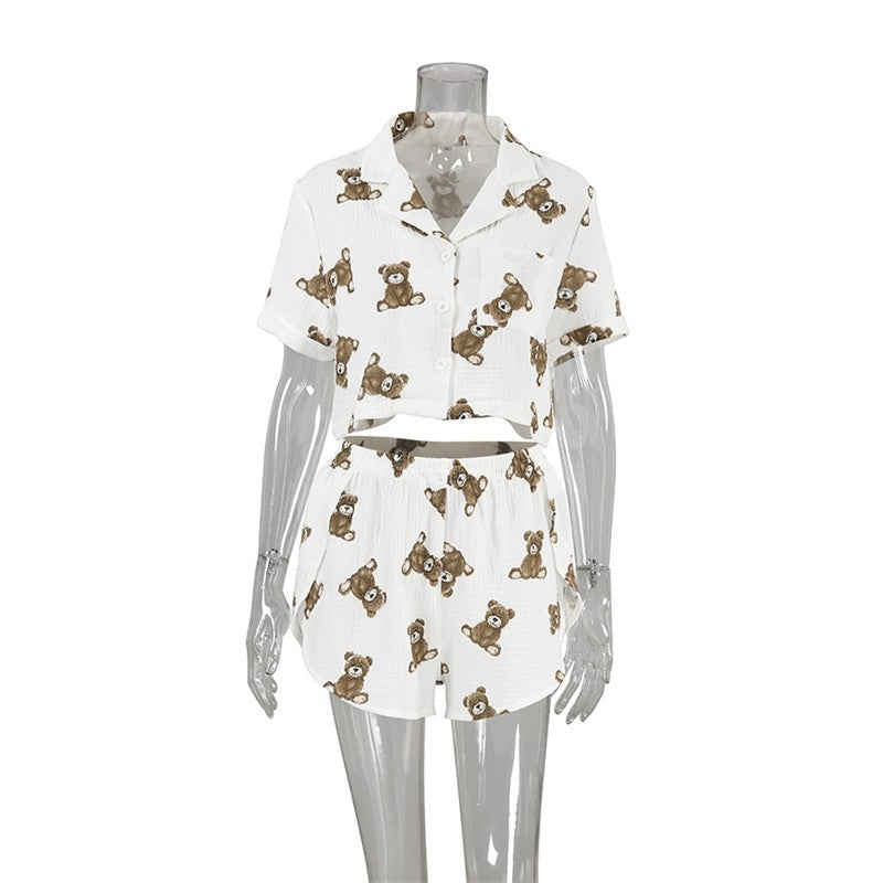Floral Print Split Shorts with Short Sleeves - Casual Home Wear