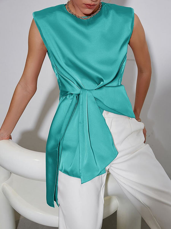 Loose Sleeveless Asymmetric Knot Solid Color Round-neck Vest Top