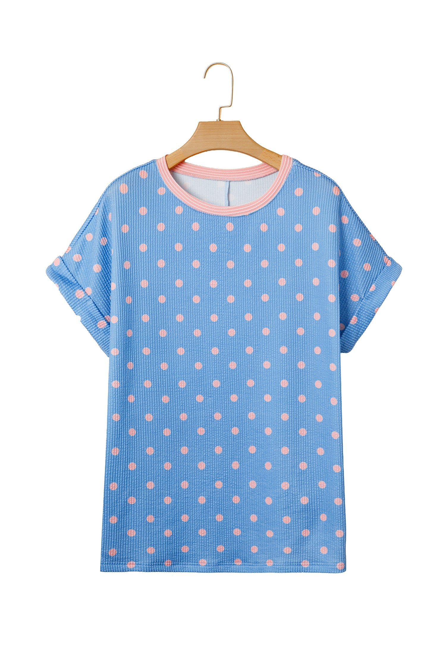 Sky Blue Raised Rib Polka Dot Print Cuffed Short Sleeve Top
