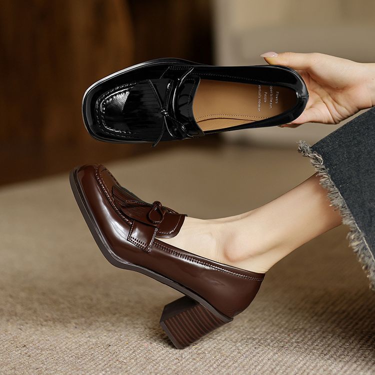 Women's Bow-Tie Chunky Heel Leather Pumps – Round Toe Mid-Cut Block Heel Shoes