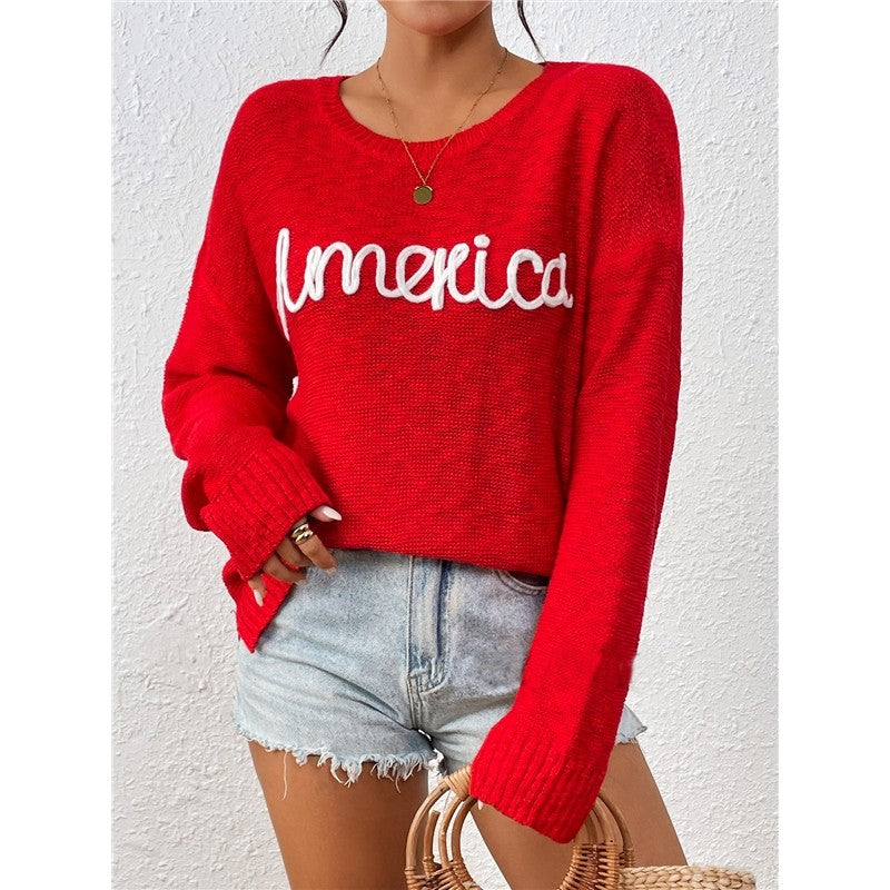 Long Sleeve Crewneck AMERICA Letters Casual Loose Knitted Sweater