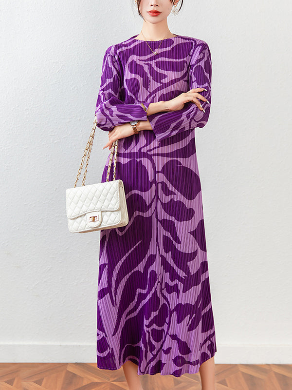 Fashion Floral Printed Pleated Long Sleeves Midi Dress
