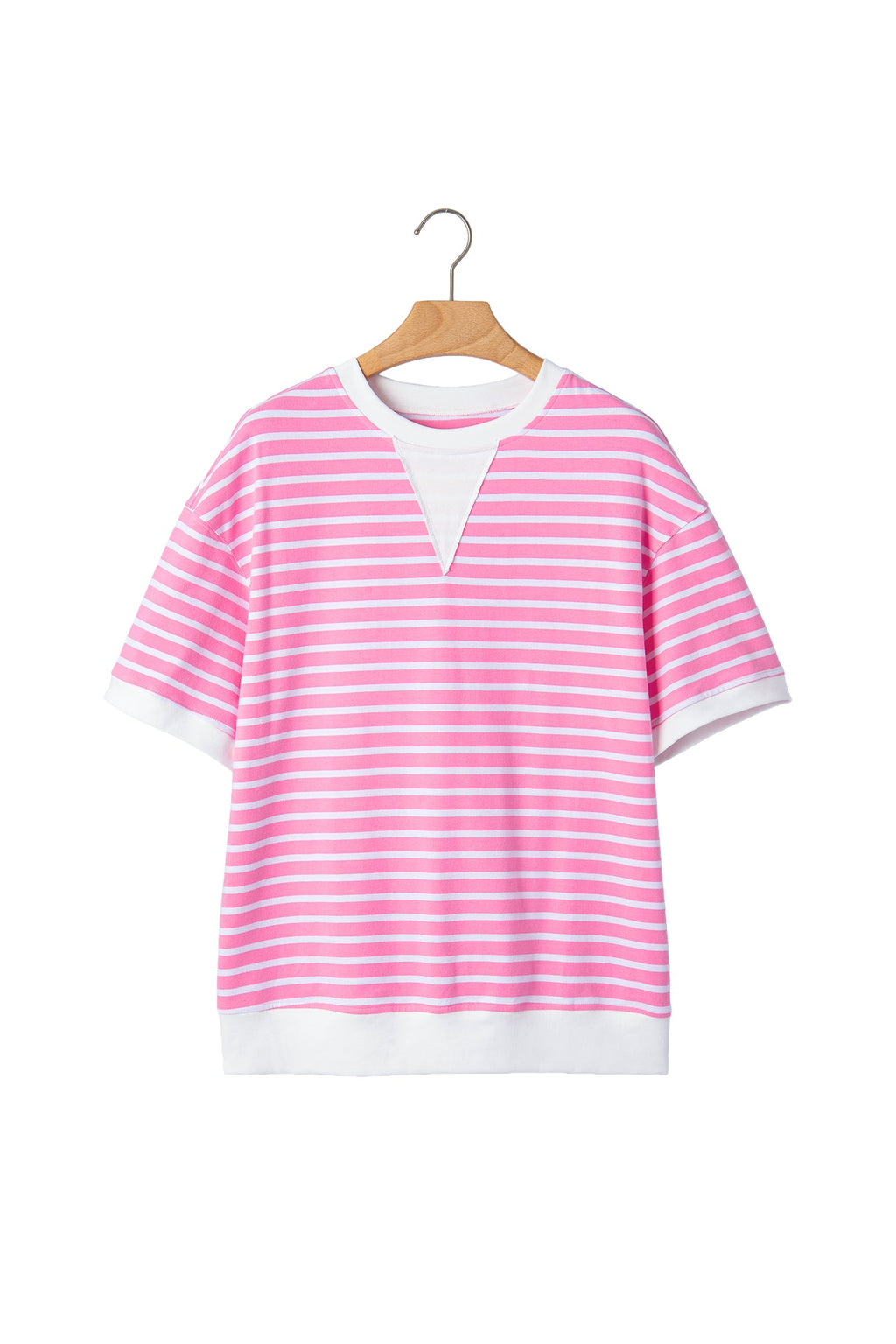 Pink Stripe Round Neck Drop Shoulder Short Sleeve Loose Top