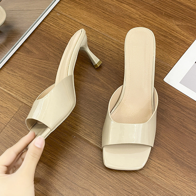 Women's Square Toe Low Heel Slippers – Open Toe Patent Leather Slide Sandals
