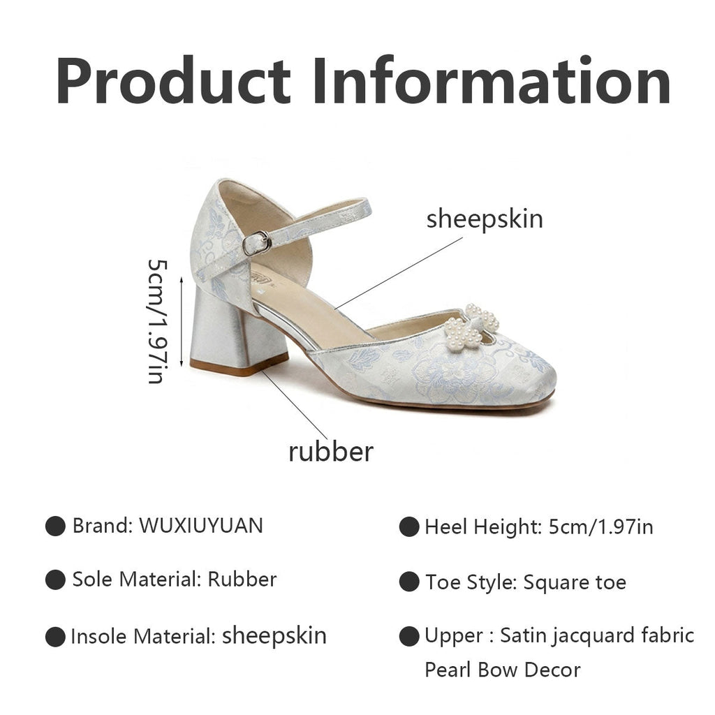 Women's Jacquard Platform Heels | Pearl Bow Square-Toe Chunky Heel Shoes