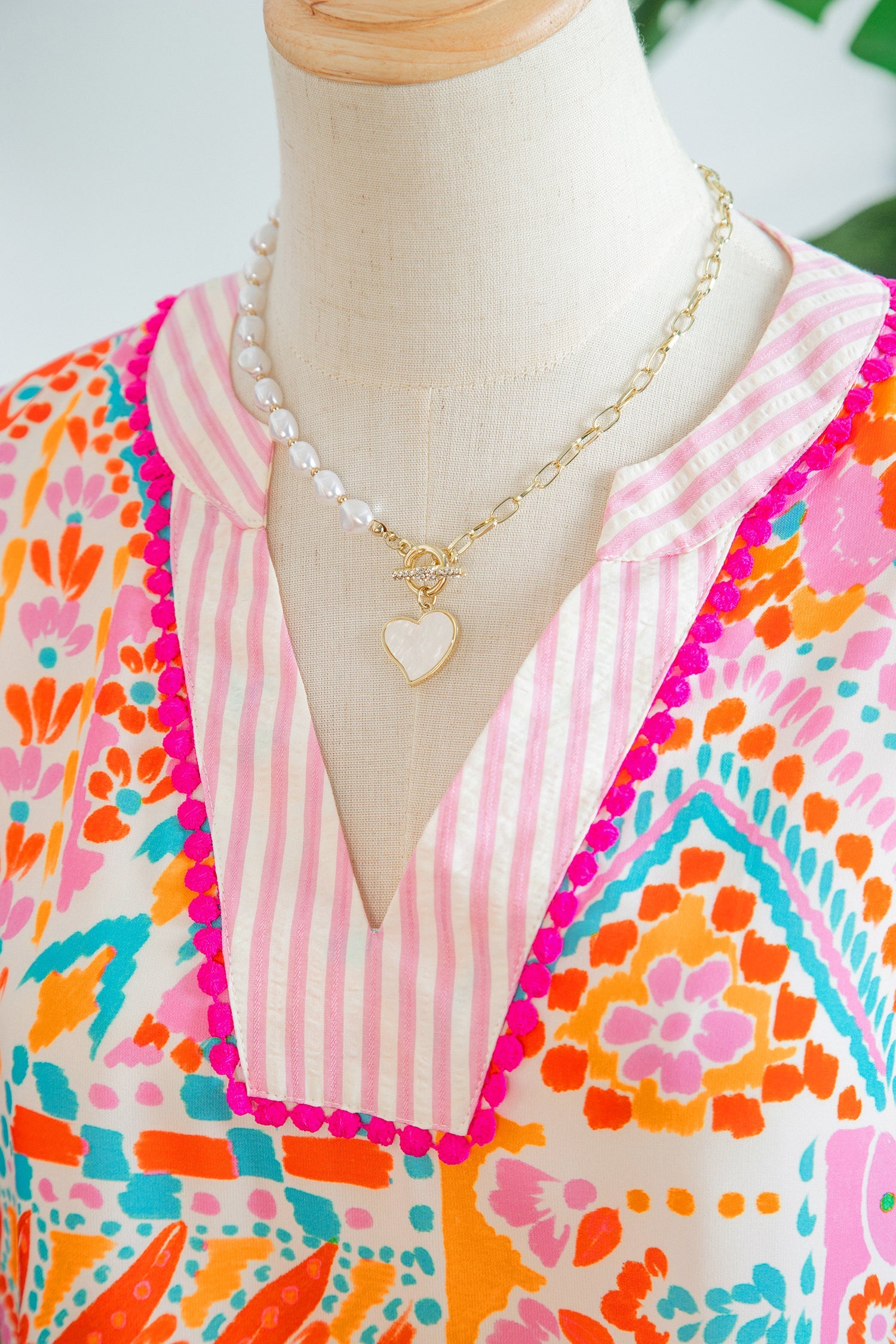 Rose Boho Mixed Print Contrast Trim Striped Patchwork Tiered Short Sleeve Blouse
