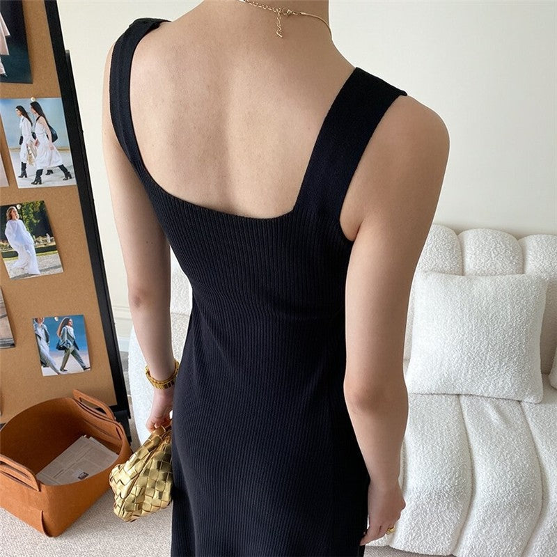 Knitted Hepburn Style Dress with Wide Shoulder Straps