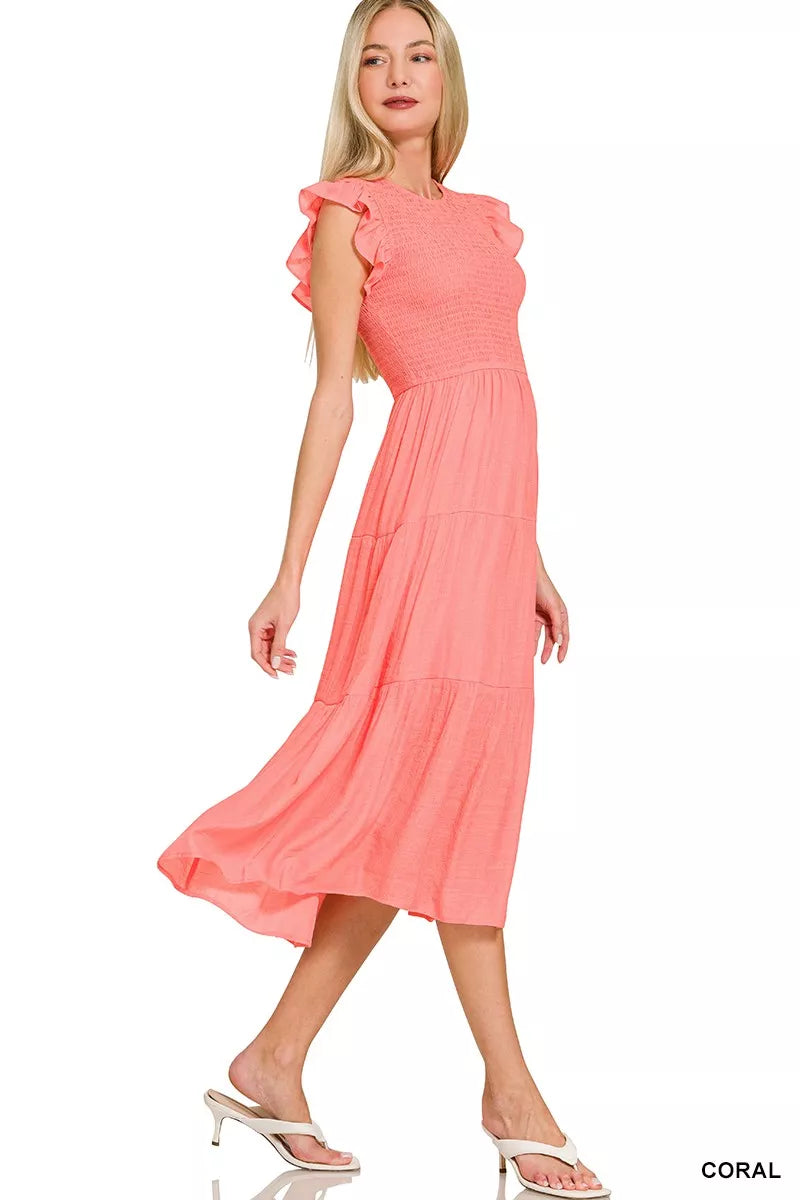 Woven Smocked Ruffle Sleeve Midi Dress