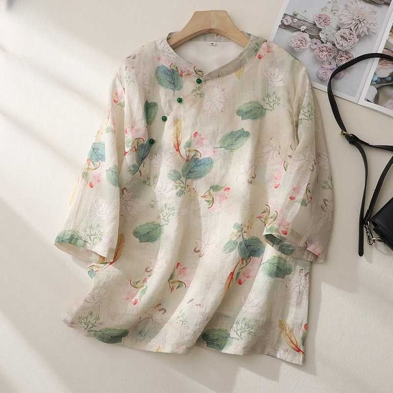 Printed Linen Shirt with Chinese-Inspired Stand-Up Collar