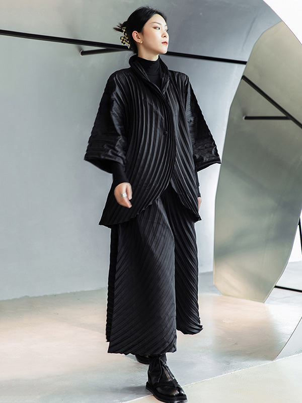 Urban Solid Color Pleated Outerwear&Pants Two Pieces Set
