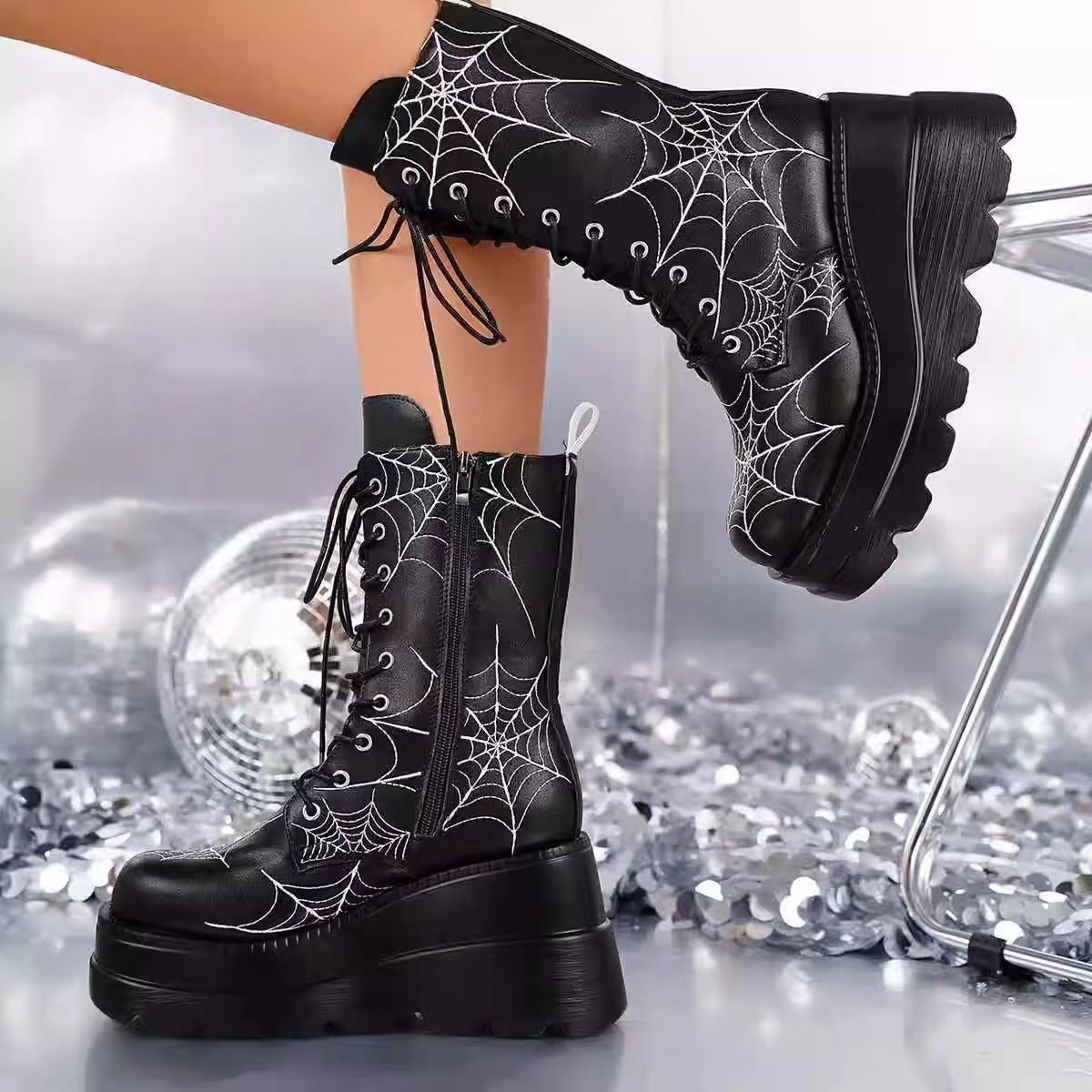 Women's Wedge-Heel Spiderweb Mid-Calf Boots | Plus Size | PU Leather | Side Zipper