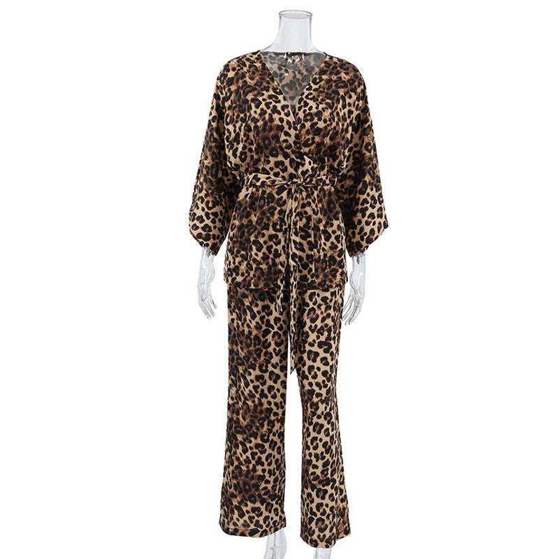 Leopard Print Tie-Waist Robe and Pants Ensemble