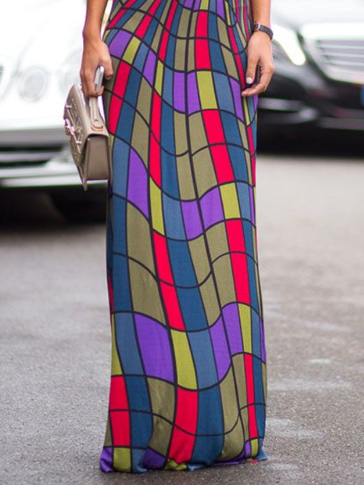 Skinny Sleeveless Contrast Color Plaid Printed High Neck Maxi Dresses