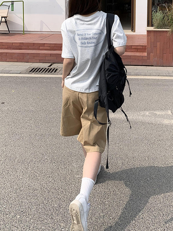 High Waisted Loose Pleated Solid Color Half Pants Shorts Bottoms