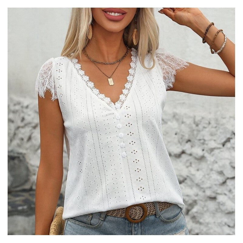 Solid Color V-Neck Lace Patchwork Short Sleeve T-Shirt
