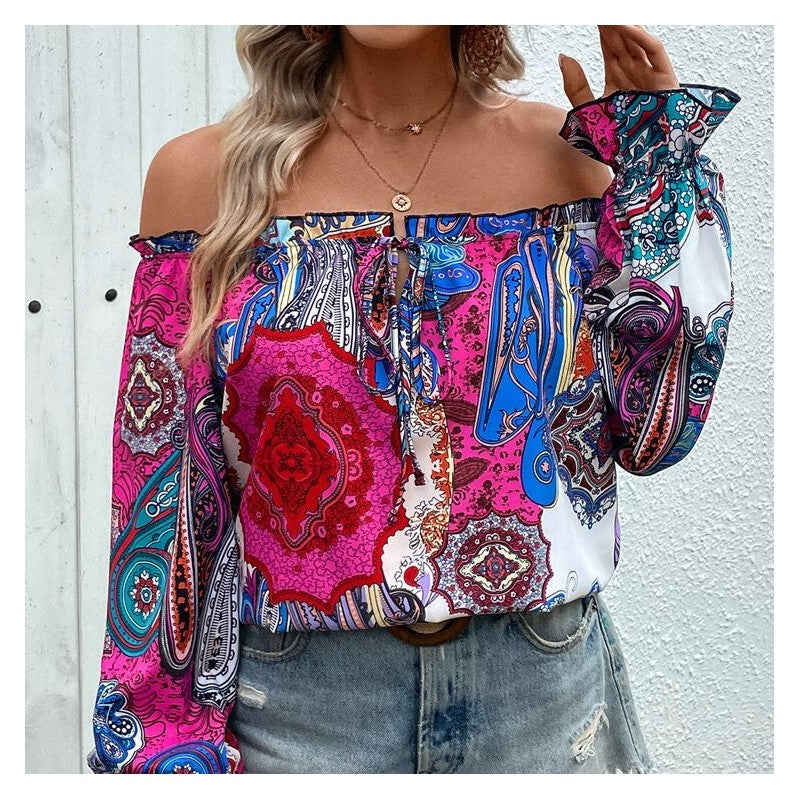 Stamped Literary Style Collar Top with Lotus Leaf Trim
